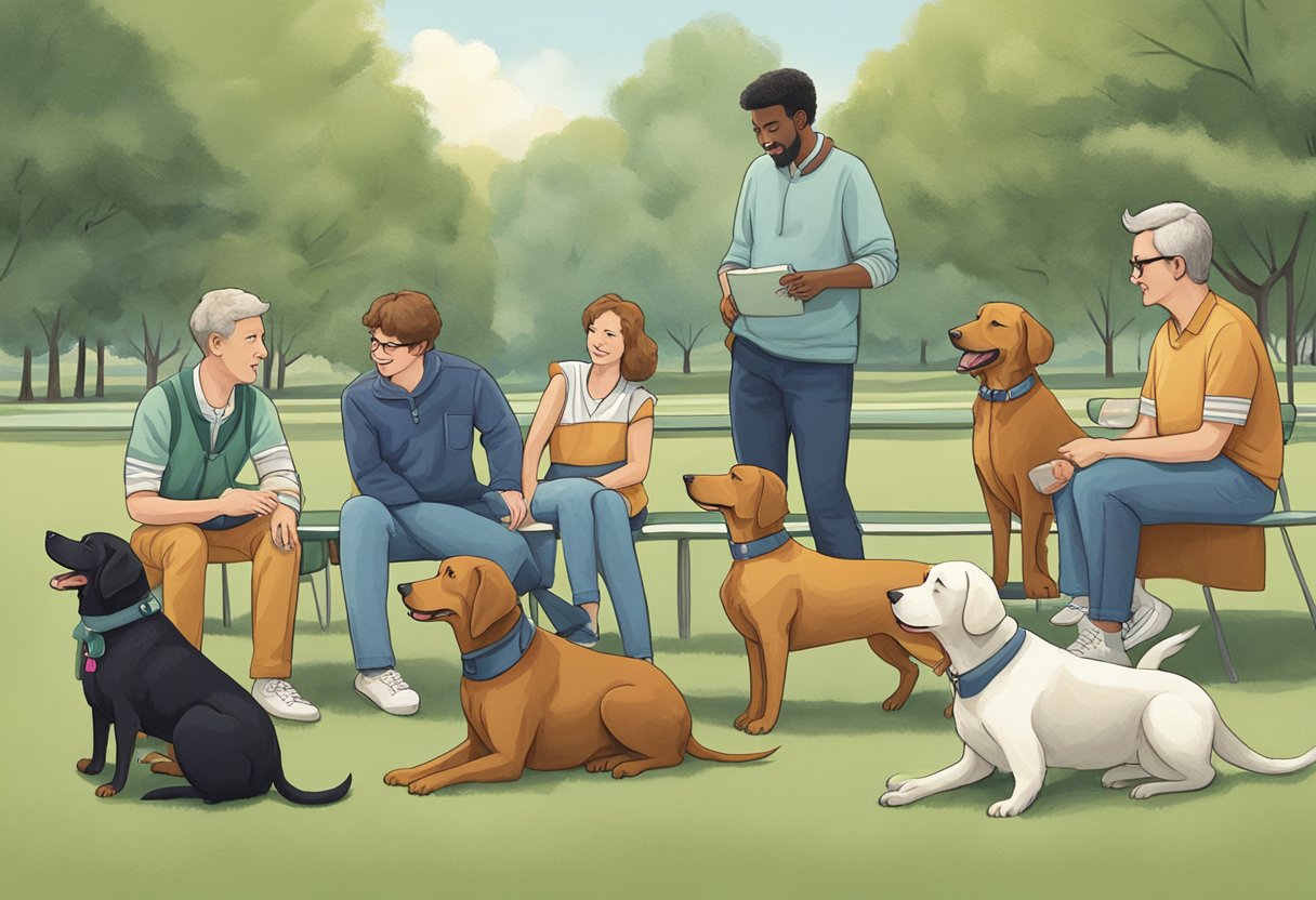 A group of dogs with classic names like Max, Buddy, and Maggie play in a park. Their owners chat about the origins of their 1980s-inspired names