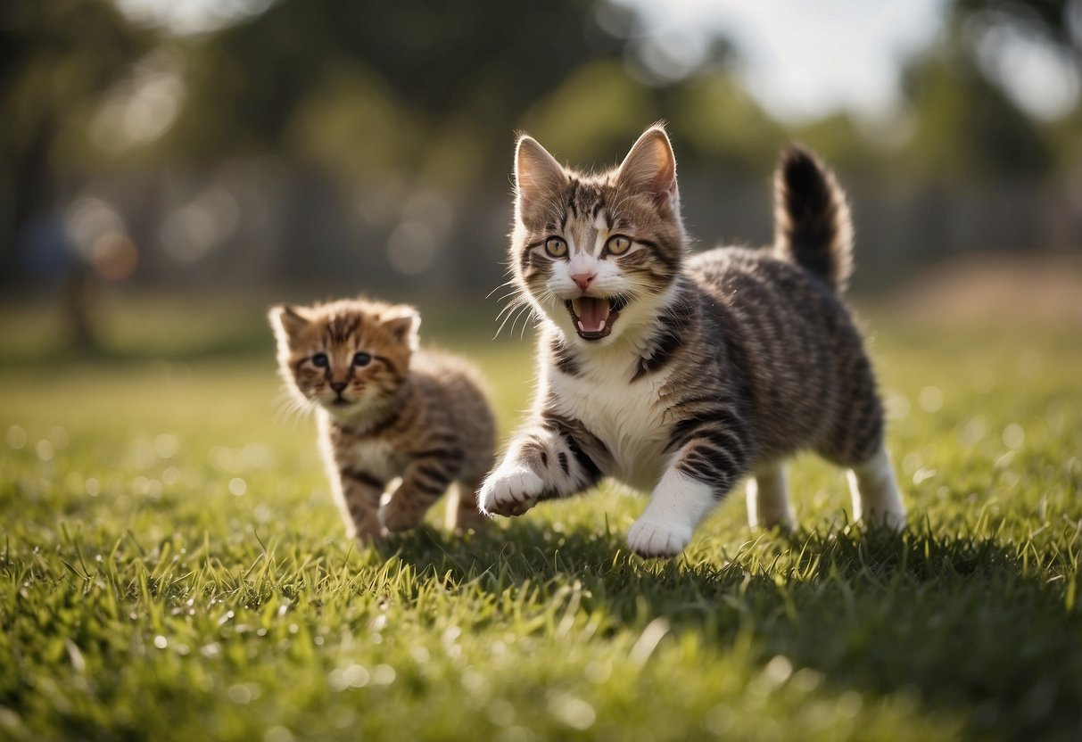 A group of animals at Animal Lovers League, playing and interacting in a spacious, grassy enclosure, with a sense of joy and freedom