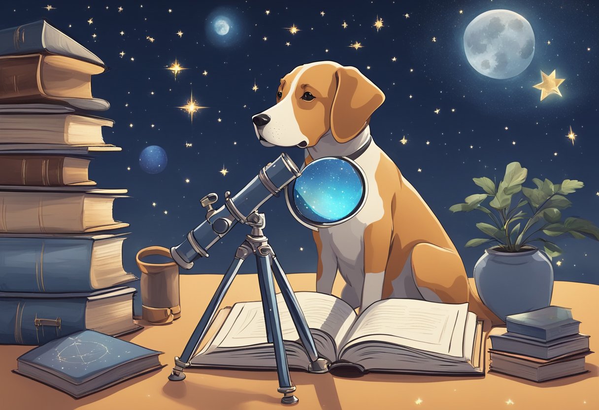 A dog gazing at the night sky, with stars and constellations above, while a telescope and astrology books lay nearby