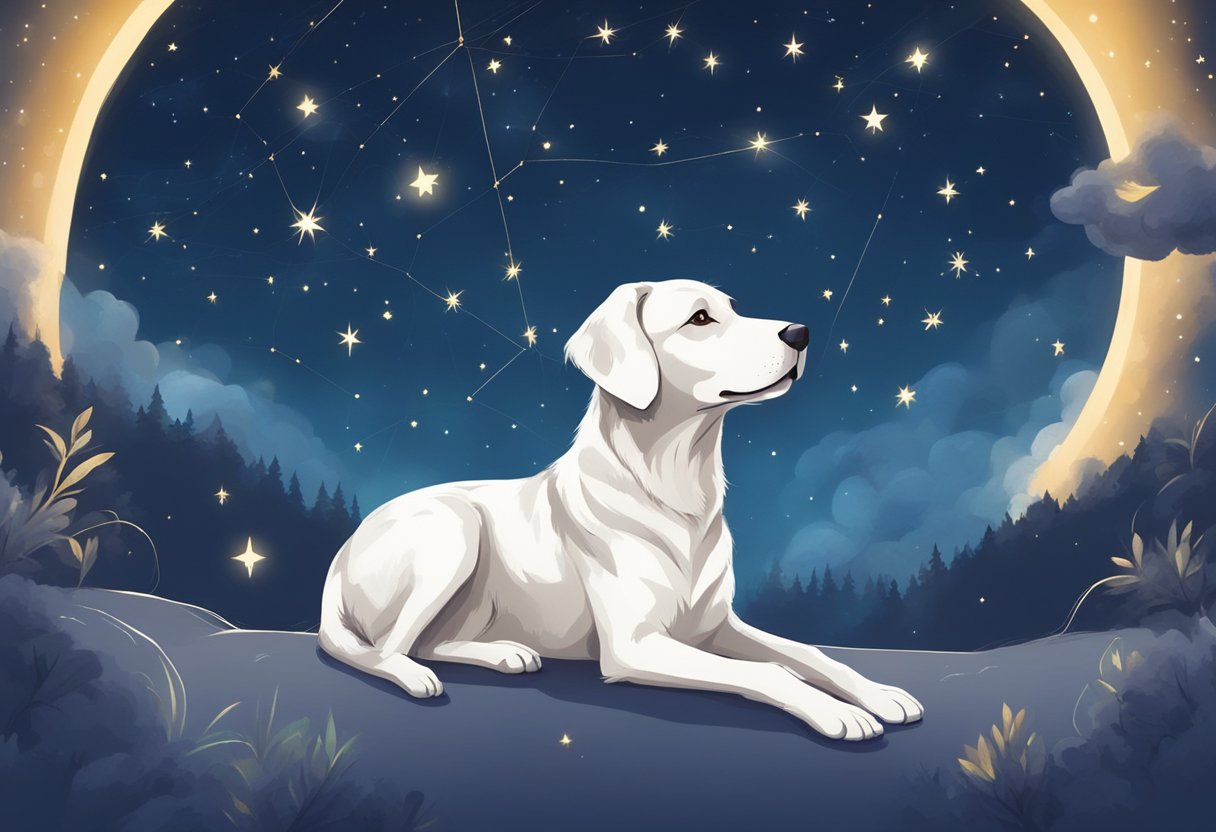 A dog sits under a starry sky, with constellations and zodiac signs twinkling above. The dog's fur reflects the moon's glow, and a celestial aura surrounds it