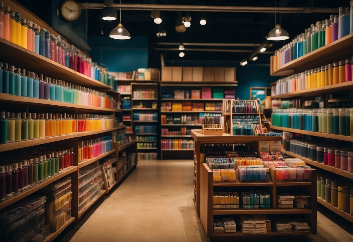 An art store in Singapore displays shelves filled with colorful paint tubes, sketchbooks, brushes, and various art supplies. The store is well-lit and organized, with a vibrant and inviting atmosphere