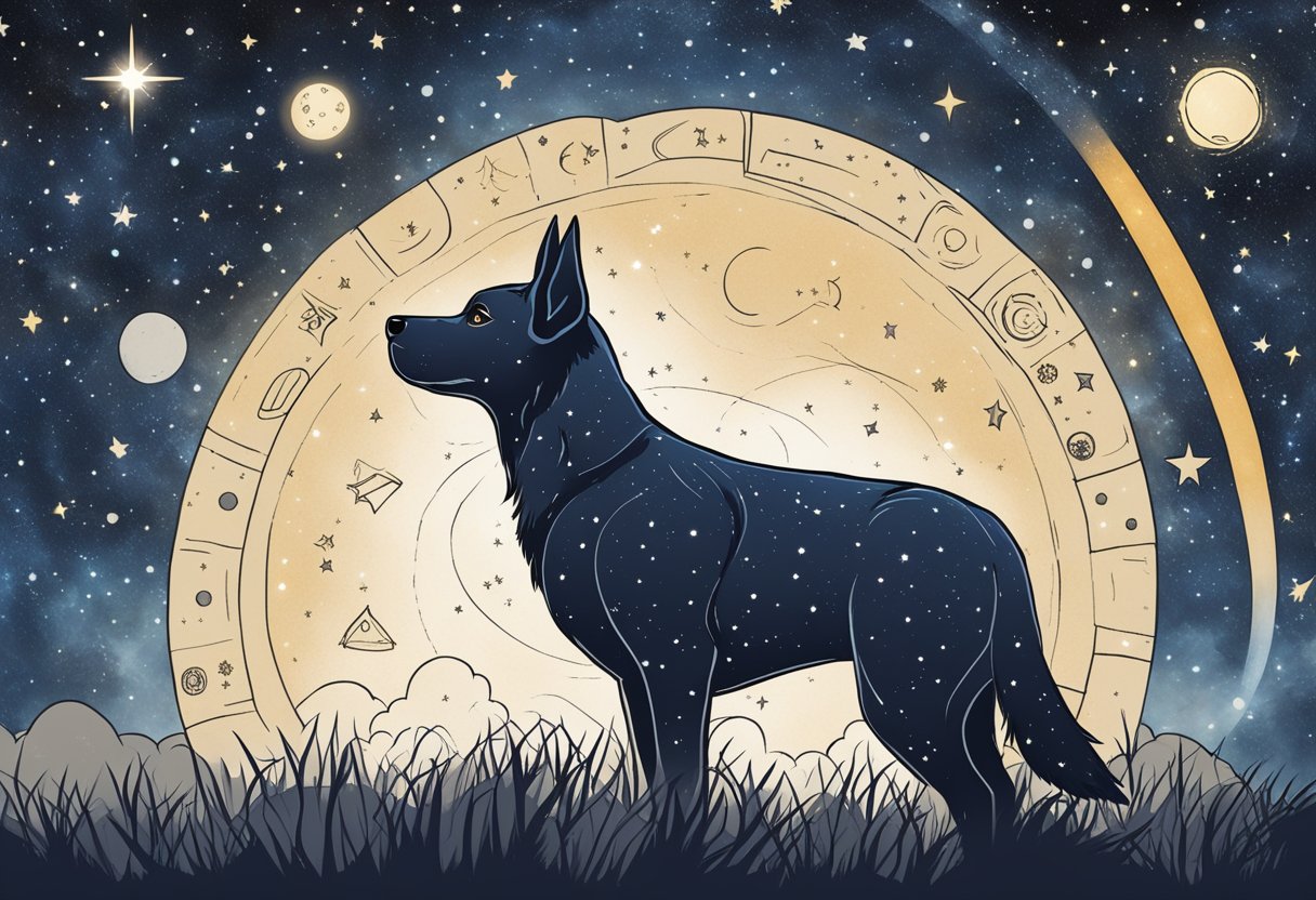 A dog gazing up at the night sky, surrounded by celestial symbols and constellations, with a name tag reading "Orion" or "Nova."