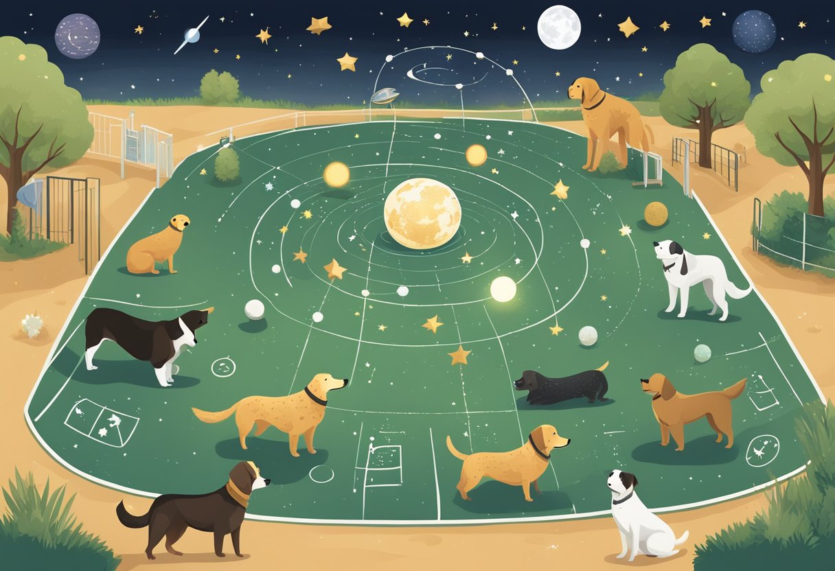 A celestial-themed dog park with constellations and planets as dog play structures, surrounded by astrological symbols and astronomy-inspired dog names on signs