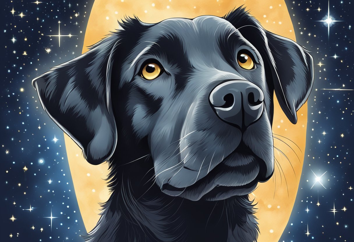 A dog gazing up at a star-filled night sky, with constellations and astrological symbols twinkling above