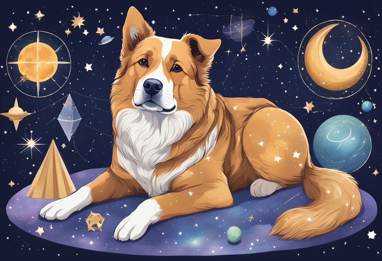A dog with a galaxy-patterned coat sits under a starry sky, surrounded by celestial symbols and constellations, with a telescope and astrological charts nearby