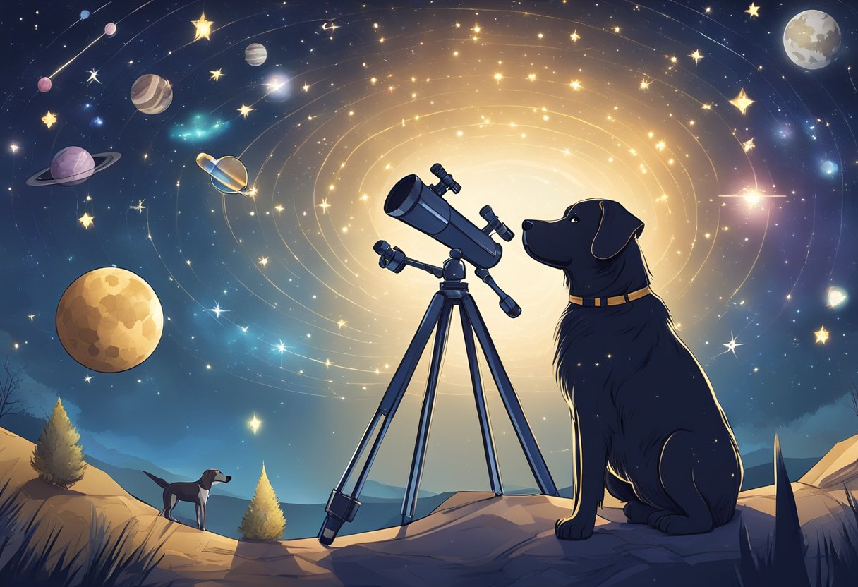 A dog gazing up at a starry night sky, with constellations and planets shining brightly, while a telescope and zodiac symbols are scattered around