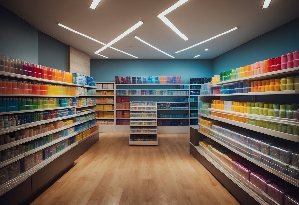 A colorful array of art supplies neatly organized on shelves in a bright and spacious store in Singapore