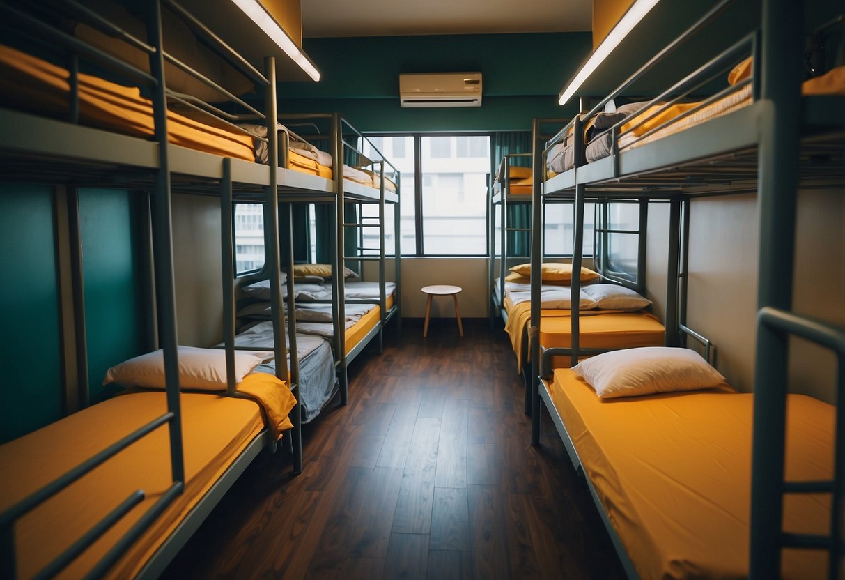 A bustling backpacker hostel in Singapore, with bunk beds, travelers' belongings, communal areas, and a vibrant atmosphere