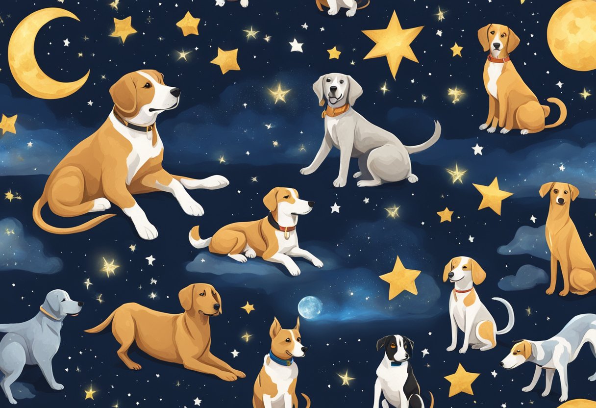 Dogs with zodiac signs as names playing in a starry night sky