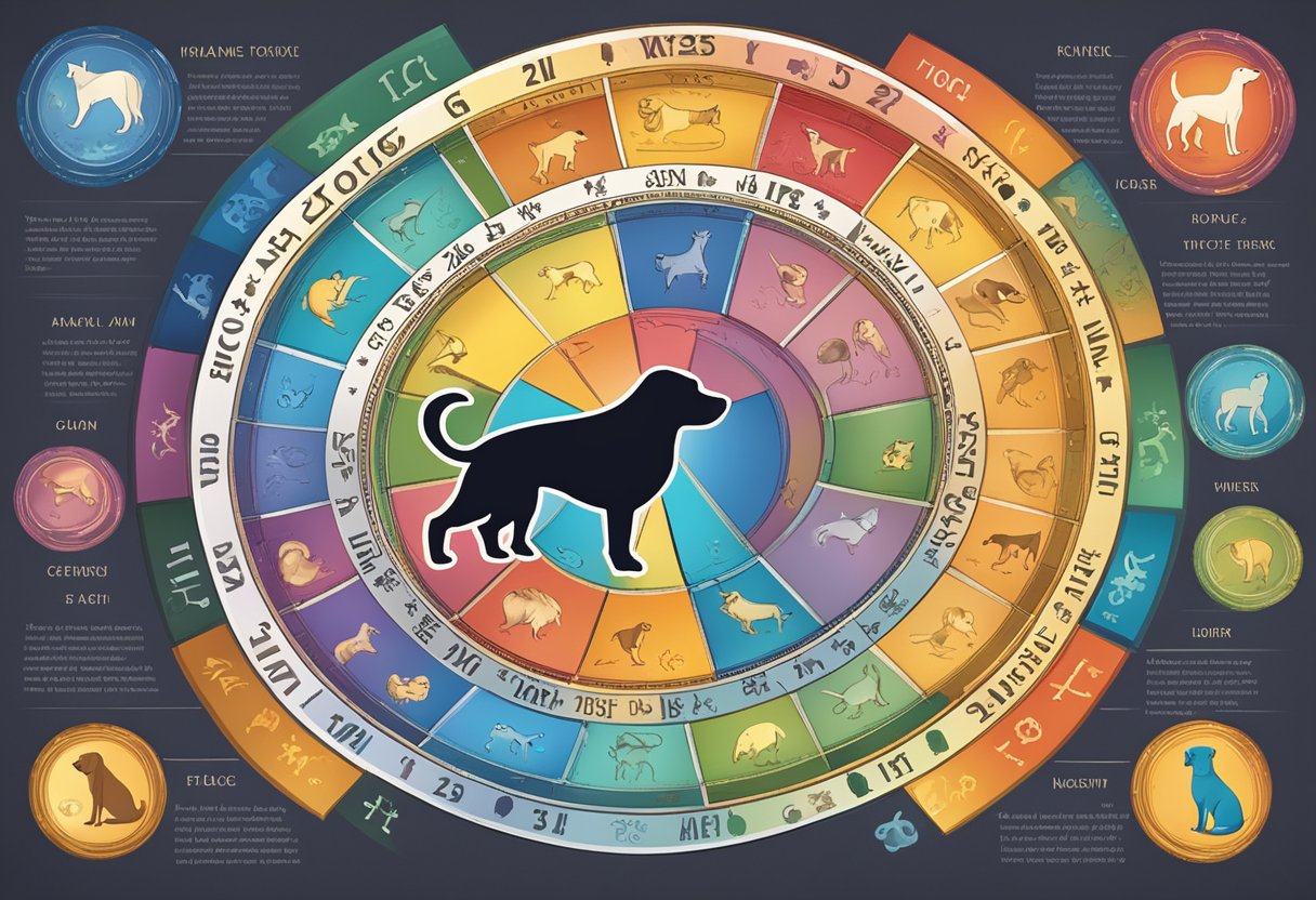 A colorful wheel with zodiac signs encircling a dog, each sign labeled with corresponding dog names