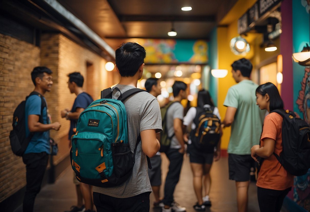 Backpacker hostel in Singapore: bustling common area, travelers chatting, maps spread out, backpacks stacked against the wall, colorful murals on the walls
