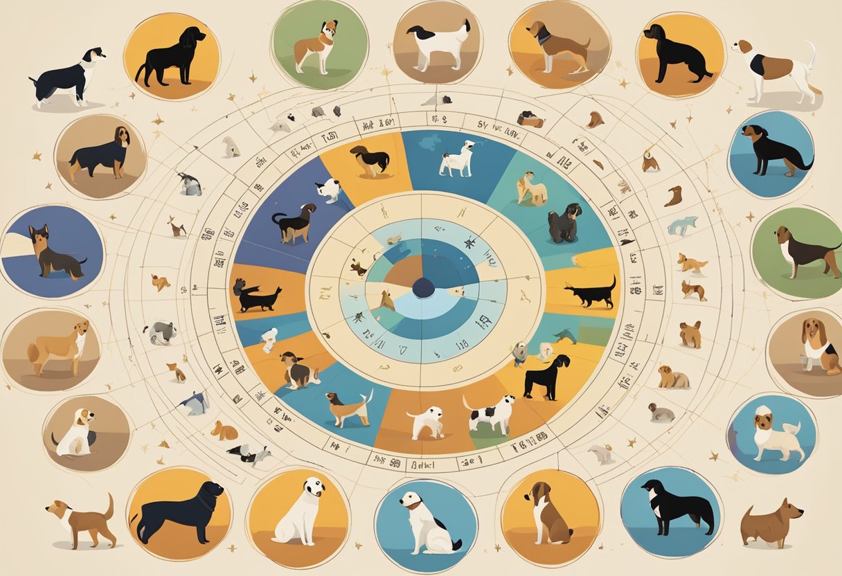 Dogs of various breeds gather around a circular zodiac chart, each representing their respective zodiac sign. The atmosphere is lively and playful as the dogs interact with each other