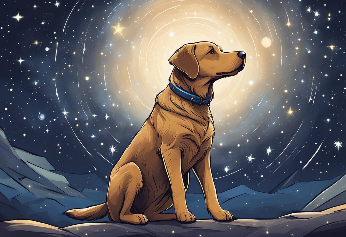 A dog sits under a starry sky, with constellations like Orion and Canis Major shining above. The dog's name, written in the stars, is inspired by its zodiac sign