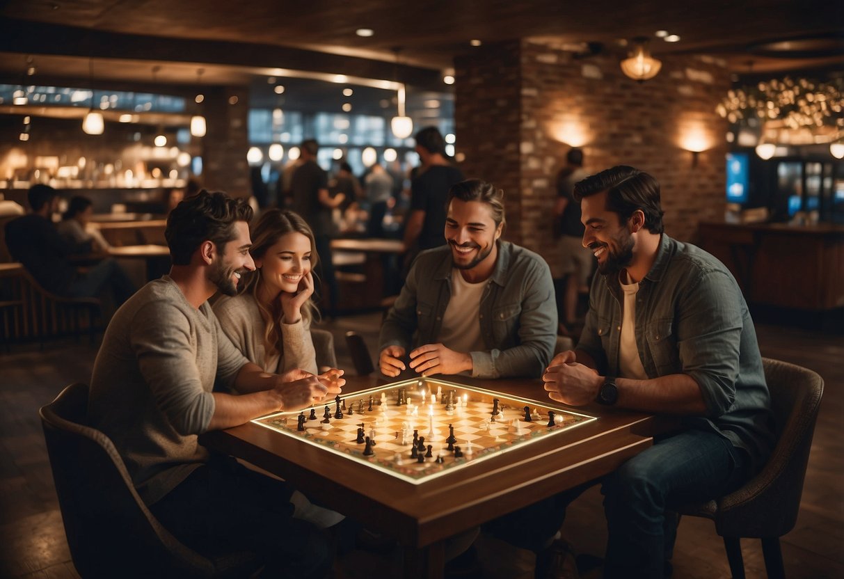 Guests socialize in the common area, playing board games and chatting. A traveler reads a book in a cozy corner while others plan their next adventure at the travel desk