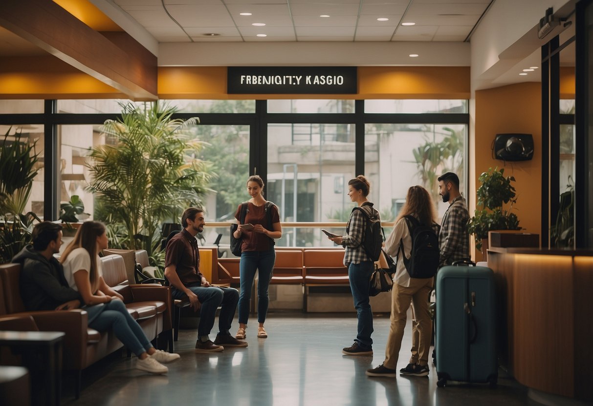 A bustling hostel lobby with travelers chatting, checking in, and reading a prominently displayed "Frequently Asked Questions" board