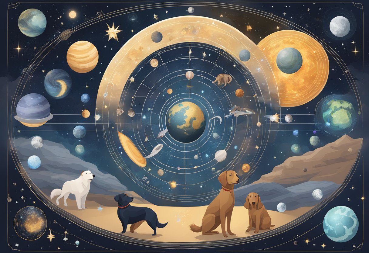 Dogs of various breeds surrounded by planetary symbols, with names like Luna and Orion, in a celestial-themed setting