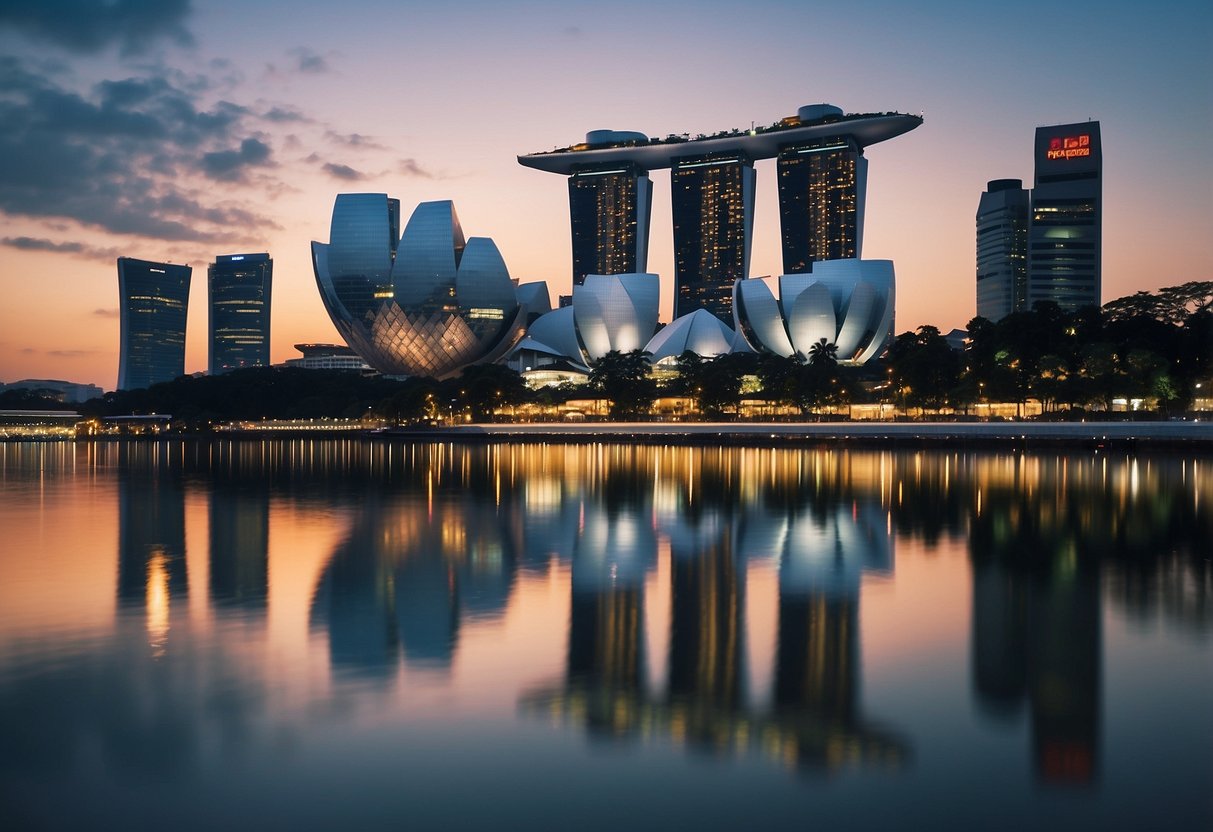 The iconic skyline of Singapore with the towering skyscrapers and the famous Marina Bay Sands hotel, nestled among the modern cityscape