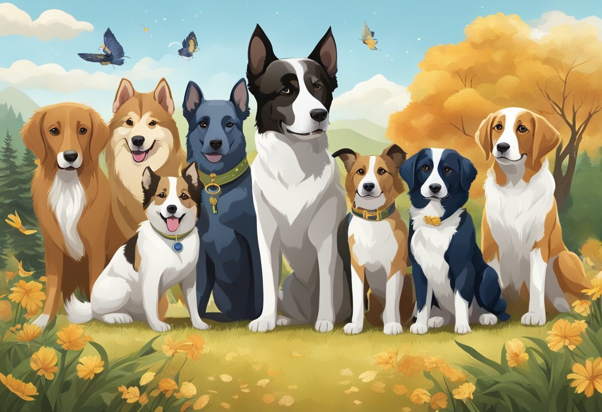 A group of dogs, each representing a different zodiac sign, playing in a natural setting with elements of their respective seasons surrounding them