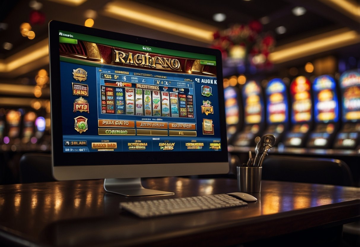 A computer screen displaying the Raging Bull Casino homepage with a "Register" button highlighted, surrounded by images of slot machines and free spin promotions