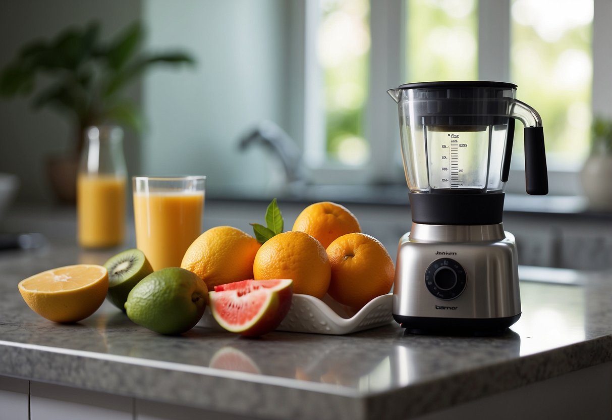 A scoop of protein powder sits on a kitchen counter in Singapore, surrounded by a blender, fresh fruit, and a glass of water