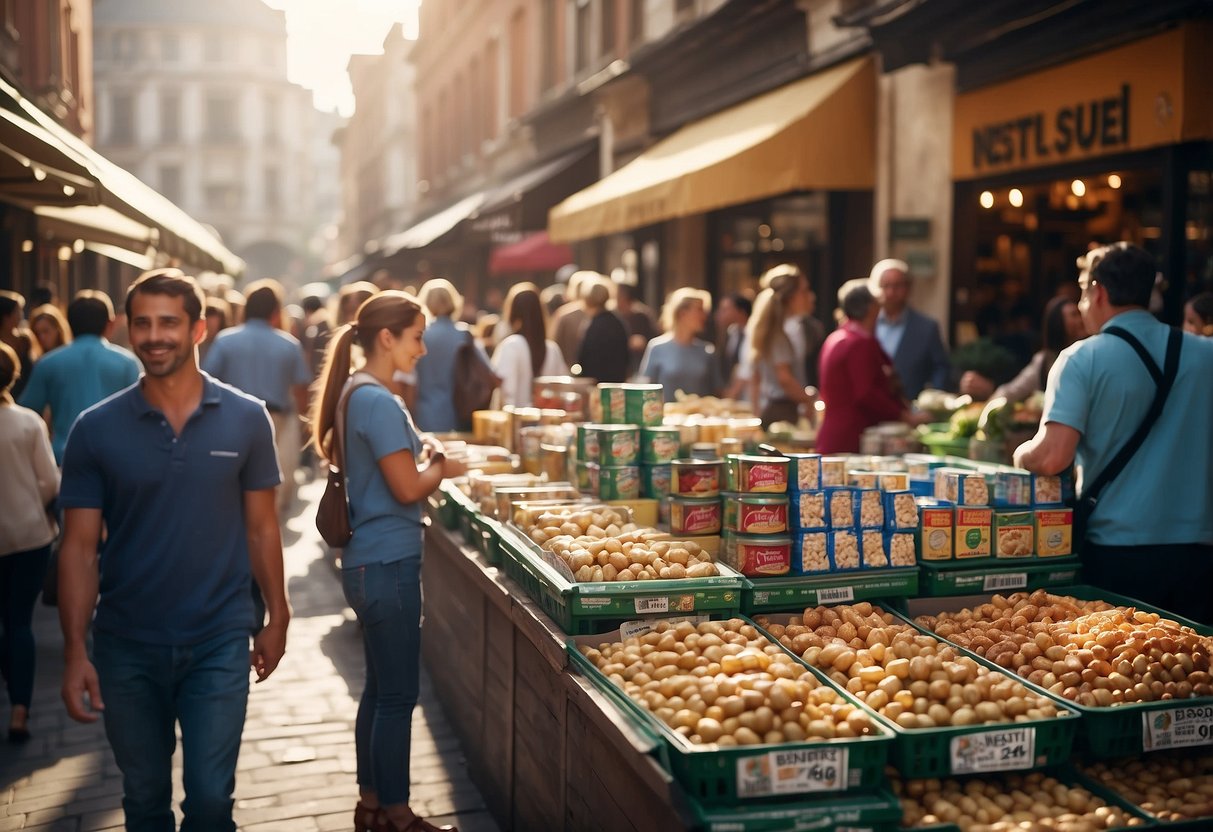 A bustling marketplace with Nestlé products prominently displayed, surrounded by eager customers and vibrant signage