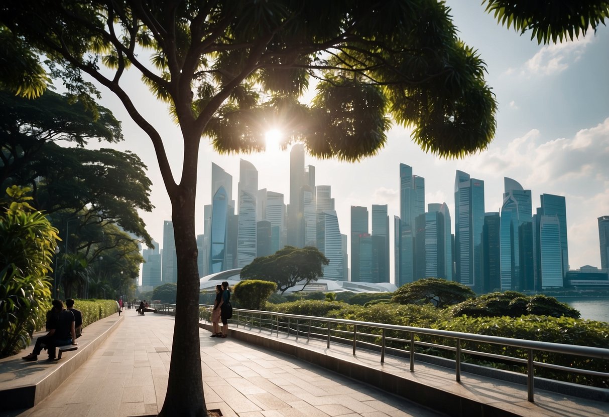 The vibrant city of Singapore is alive with bustling streets, colorful buildings, and joyful people. The skyline is filled with modern architecture and lush greenery, creating a sense of energy and excitement