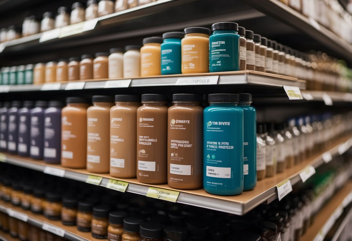 A variety of protein powders lined up on a shelf in a Singaporean store, with labels and packaging indicating different types and flavors
