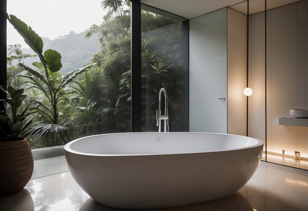 A sleek, modern bathtub sits against a backdrop of minimalist decor in a Singapore home. The bathtub is surrounded by soft, ambient lighting, creating a serene and inviting atmosphere