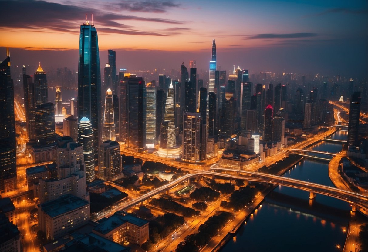 Vibrant cityscape with iconic landmarks, bustling streets, and colorful lights