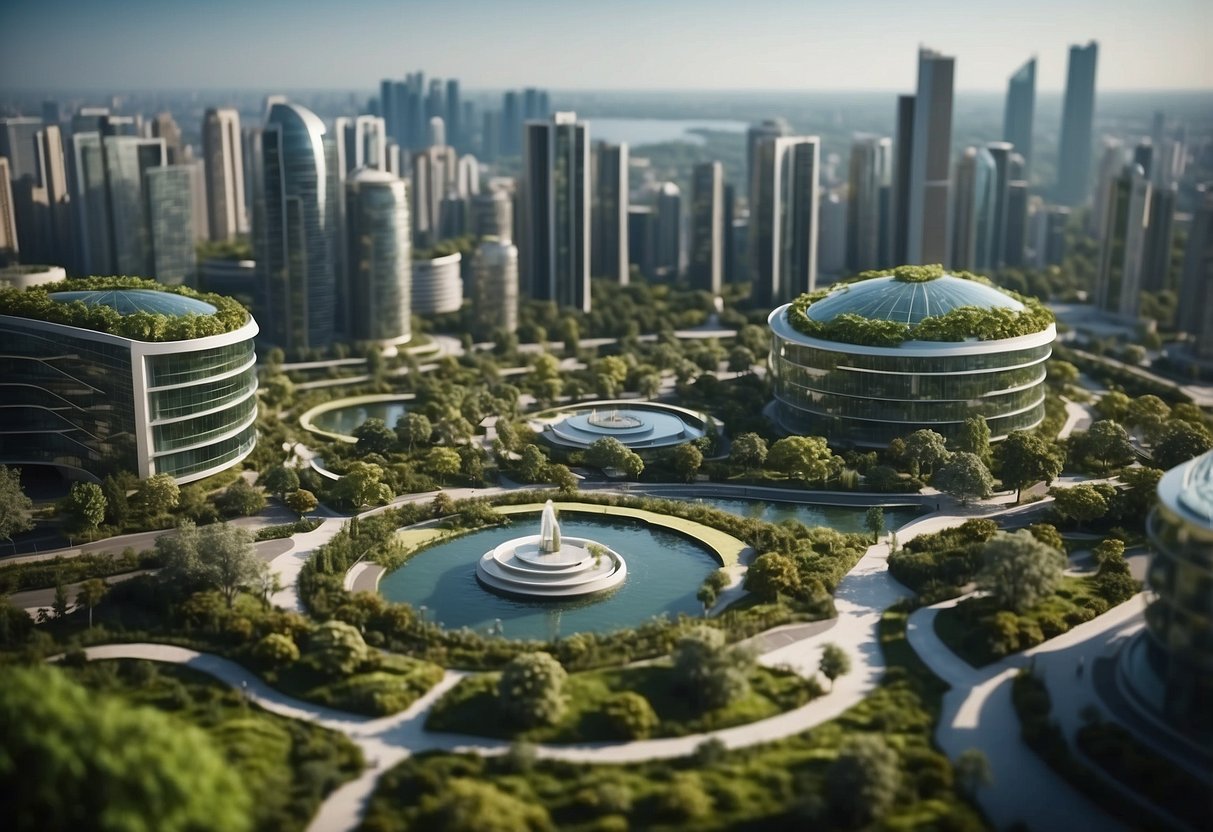 A modern cityscape with green buildings and renewable energy sources, surrounded by lush gardens and water features