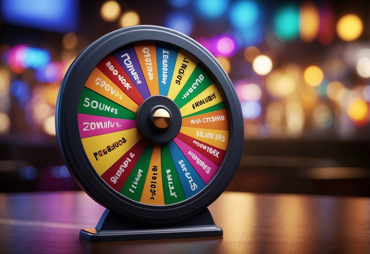 Colorful spinning wheel with "Bonuses" and "Promotions" labels. Surrounding it, a flurry of free spin symbols and excited energy