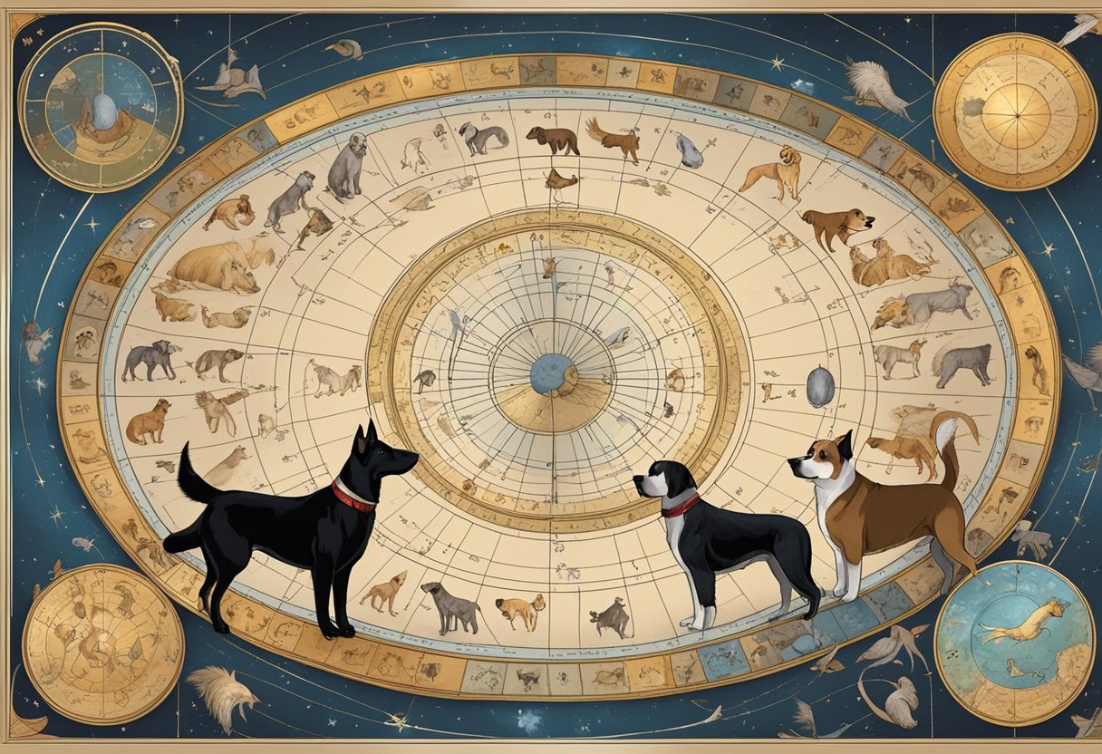 A group of dogs of various breeds gather around a celestial chart, each one named after a different cultural or mythological figure, representing the zodiac signs