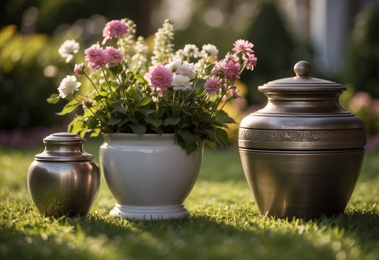 A serene garden setting with a small, elegant pet cremation urn surrounded by flowers and greenery, symbolizing peace and closure