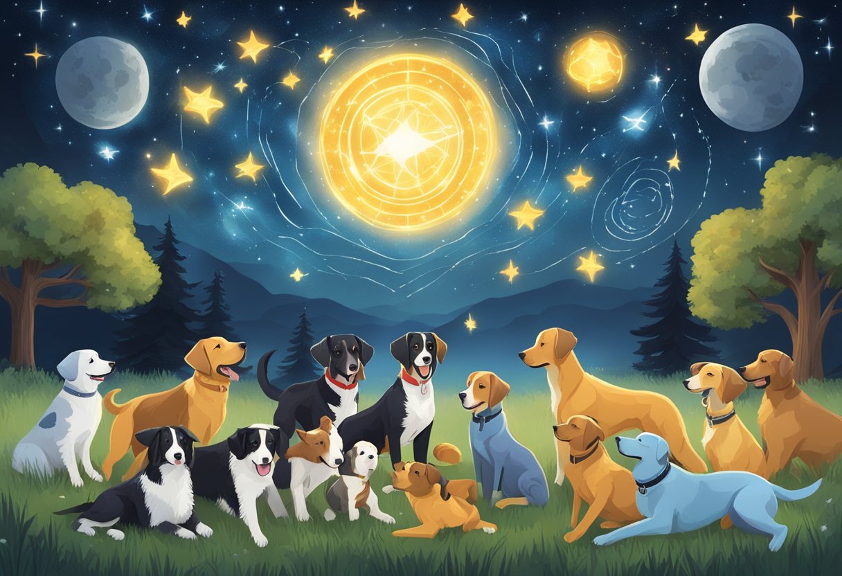 A starry night sky with zodiac symbols shining brightly, while a pack of dogs playfully romp around, each named after a different astrological sign