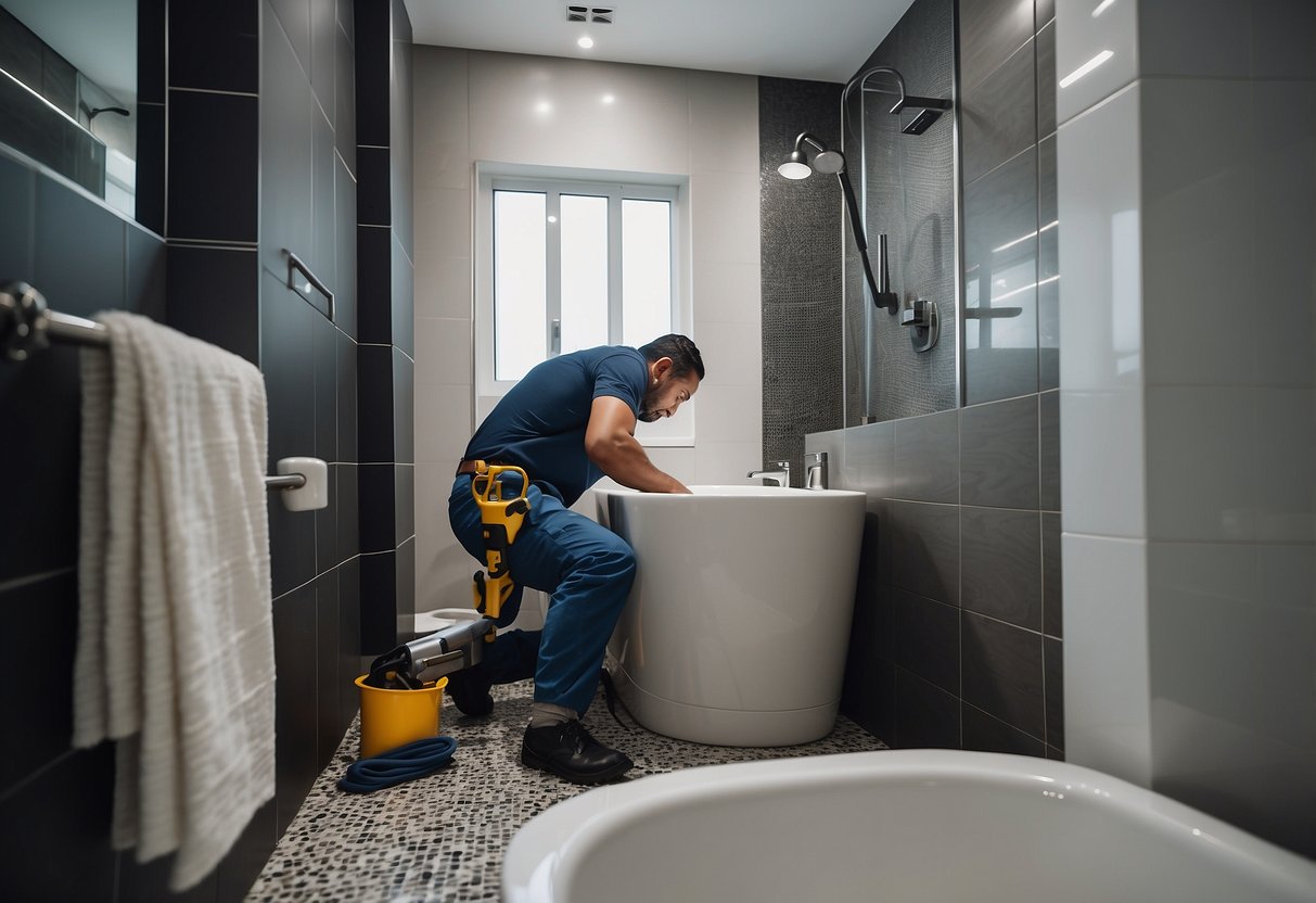 A plumber installs and maintains bathtubs in a modern Singapore bathroom