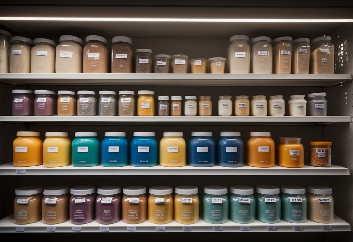 A variety of protein powder containers displayed on a shelf with labels indicating different types and flavors