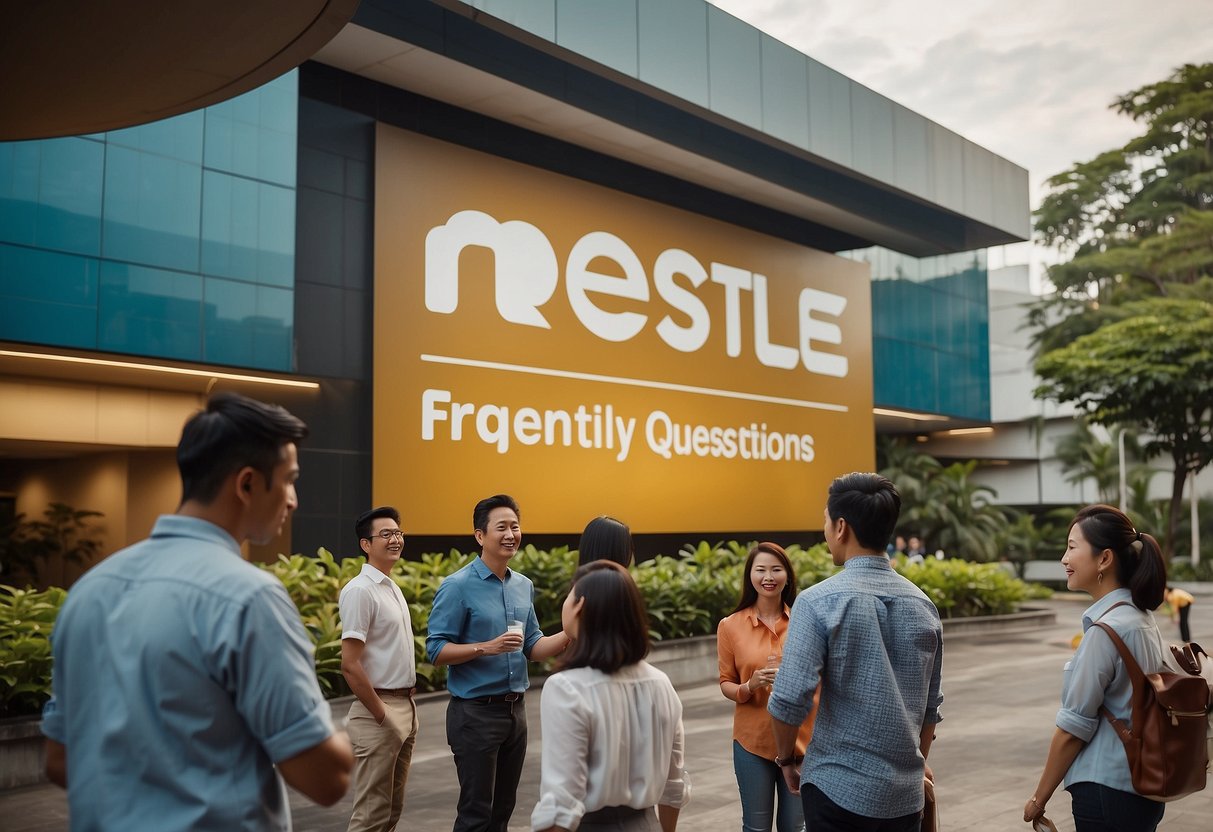 A group of people standing around a large sign that reads "Frequently Asked Questions" with the Nestle Singapore logo prominently displayed
