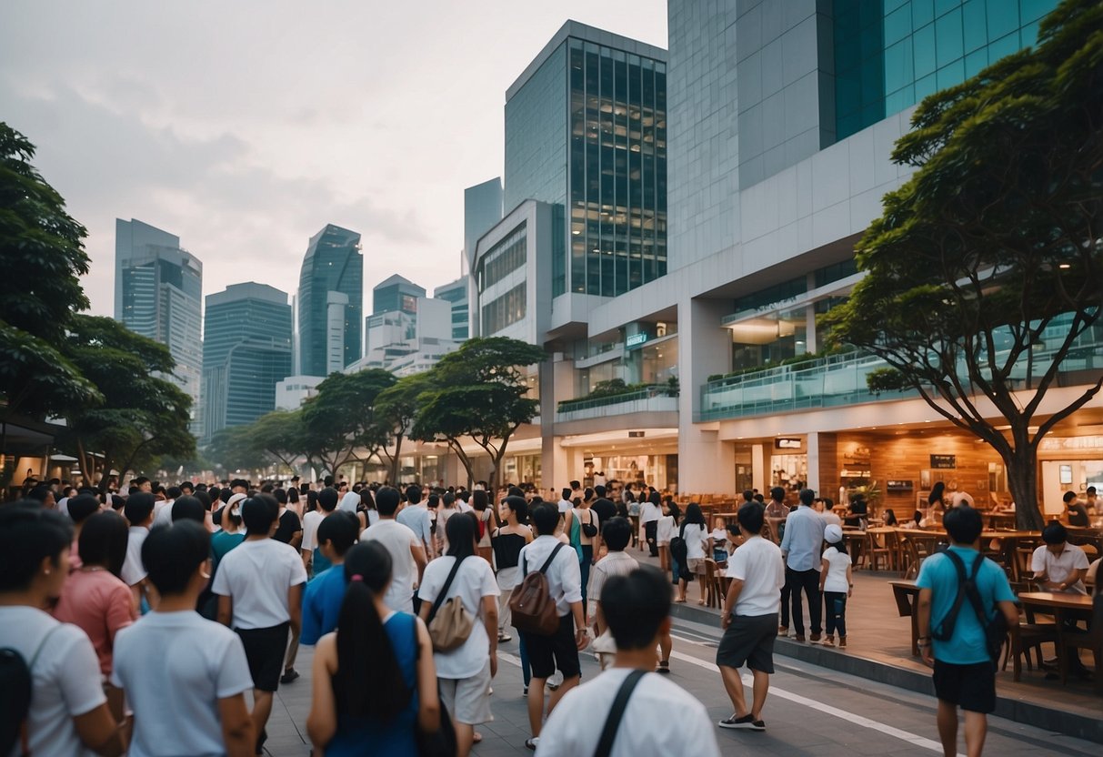 A bustling Singapore street with vibrant colors, modern architecture, and people enjoying various activities