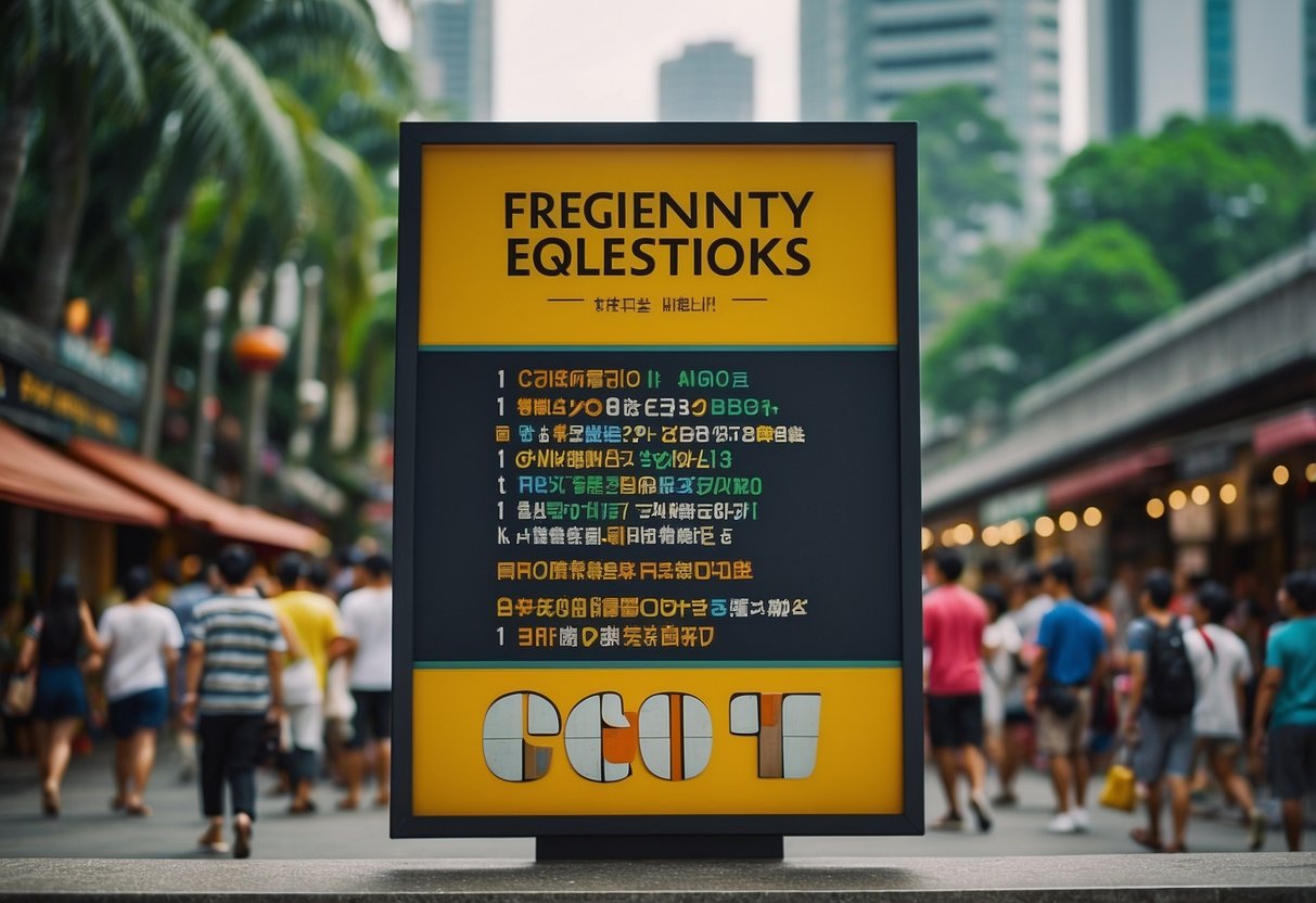 A colorful signboard with "Frequently Asked Questions" in bold letters, surrounded by cheerful and smiling people in a bustling Singapore setting