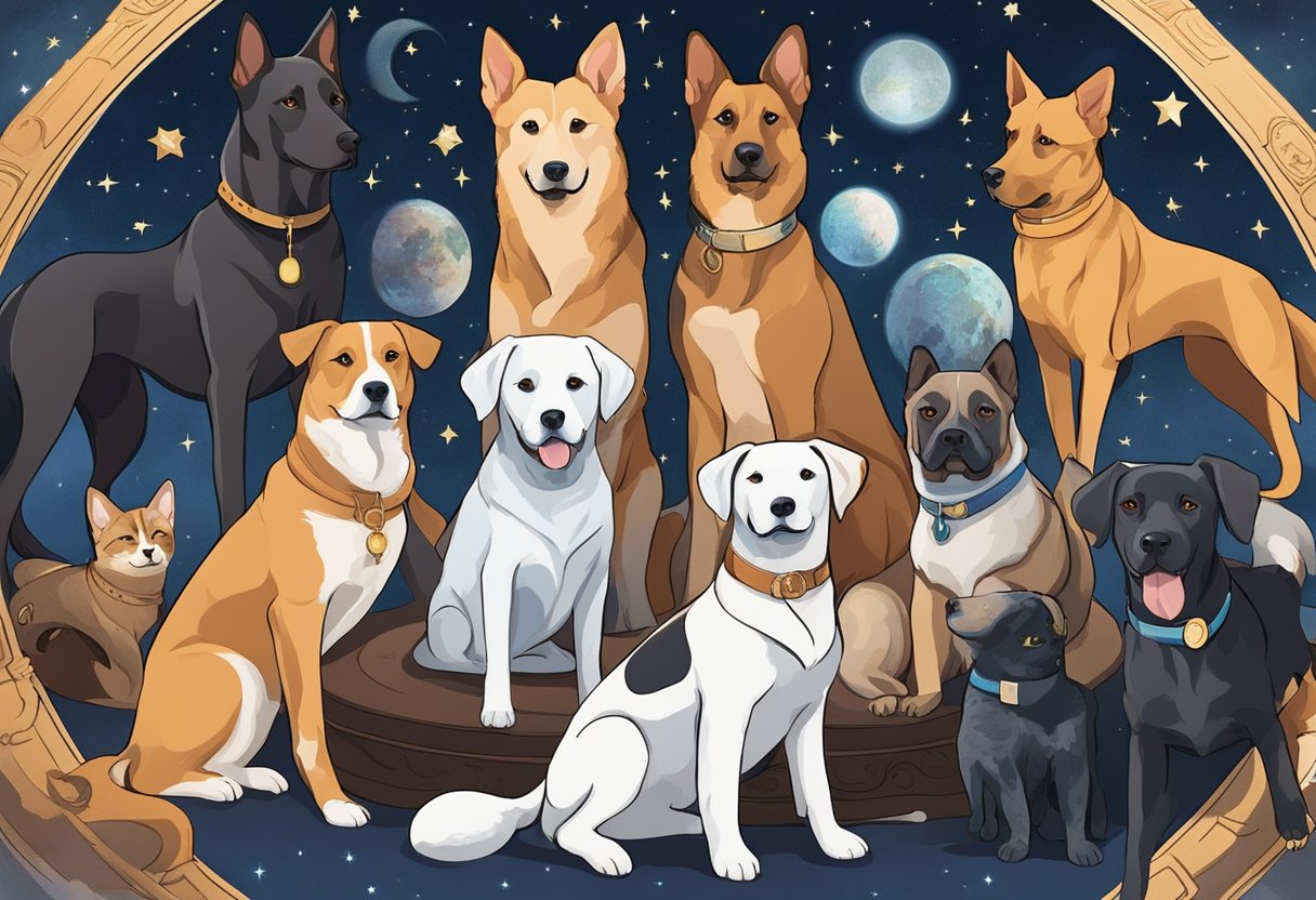 A group of dogs of various breeds sit in a circle, each wearing a collar with a zodiac symbol. They are surrounded by celestial elements such as stars, moons, and planets, creating a mystical and enchanting atmosphere