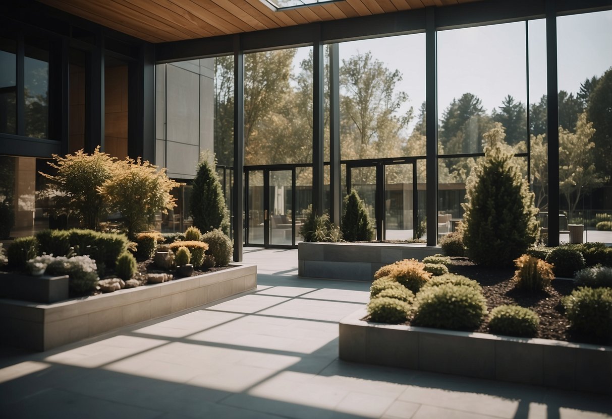A pet crematorium with a reception area, staff assisting clients, and a serene memorial garden