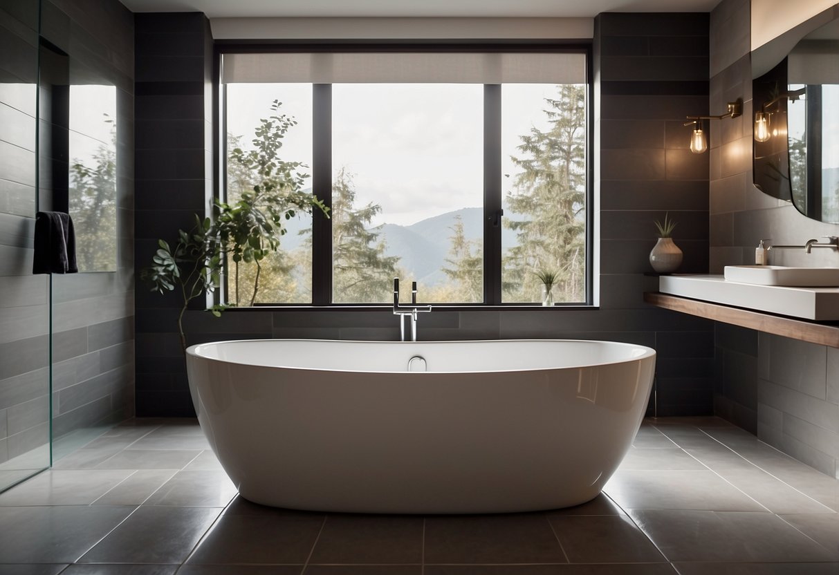 A modern bathtub in a pristine bathroom, with a sleek design and luxurious fixtures, surrounded by elegant tiles and soft lighting