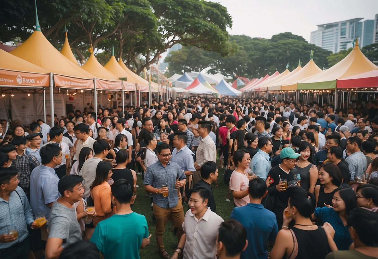 Crowds gather under colorful tents at Beerfest Asia Singapore. A variety of beer brands are on display, with people enjoying tastings and live music
