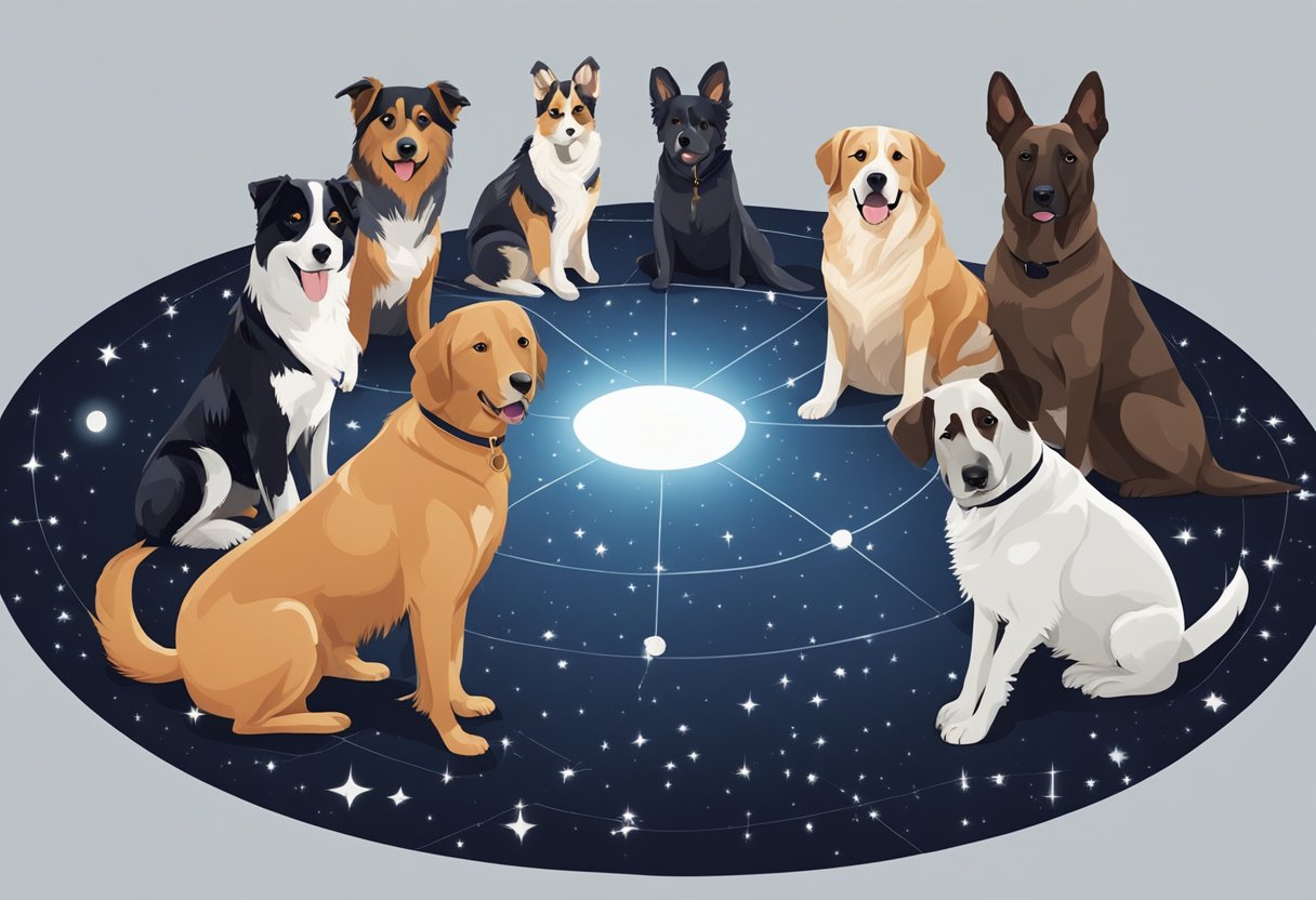 A group of dogs sitting in a circle, each one representing a different constellation in the night sky