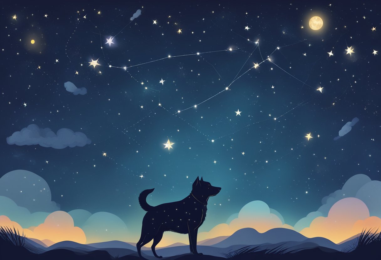 A night sky with various constellations visible, including Canis Major and Canis Minor, with a dog looking up at the stars in wonder