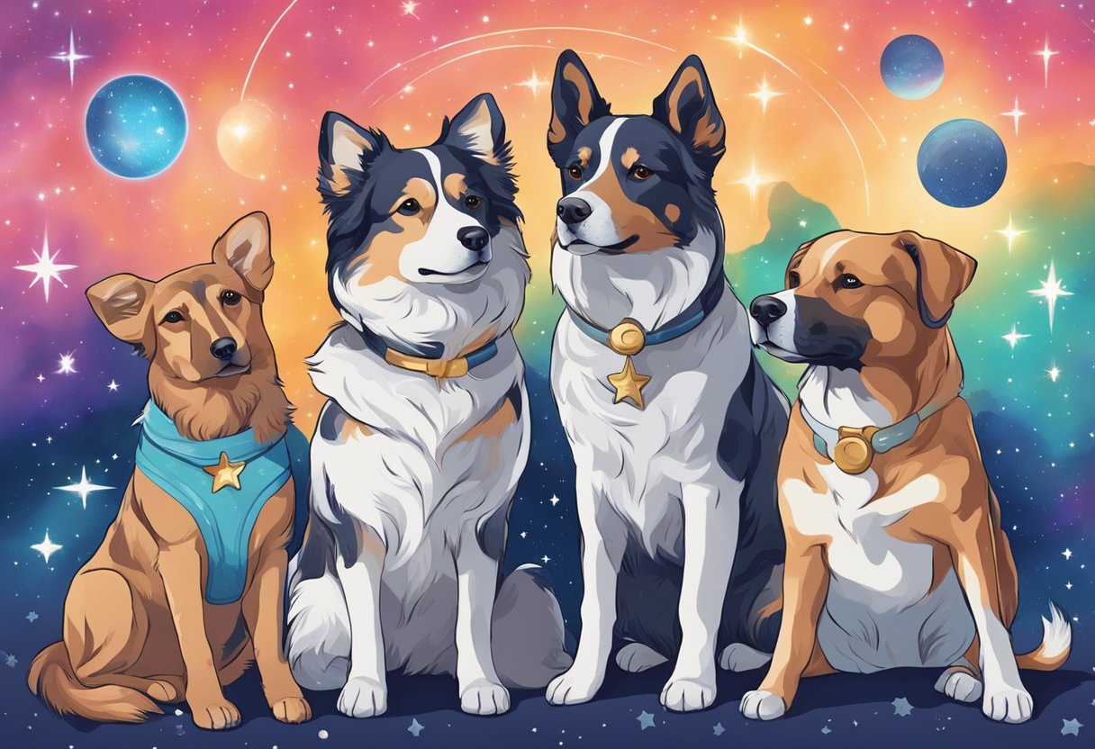 Dogs surrounded by stars, with names like Orion, Vega, and Cassiopeia. Bright, cosmic colors and celestial patterns fill the background