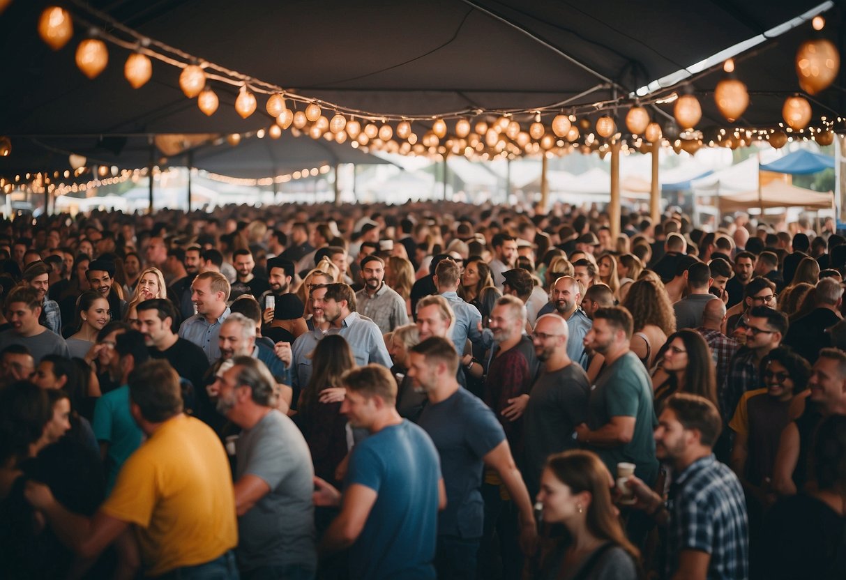 A bustling beerfest with rows of colorful booths, lively music, and enthusiastic crowds enjoying a wide variety of craft beers from around the world