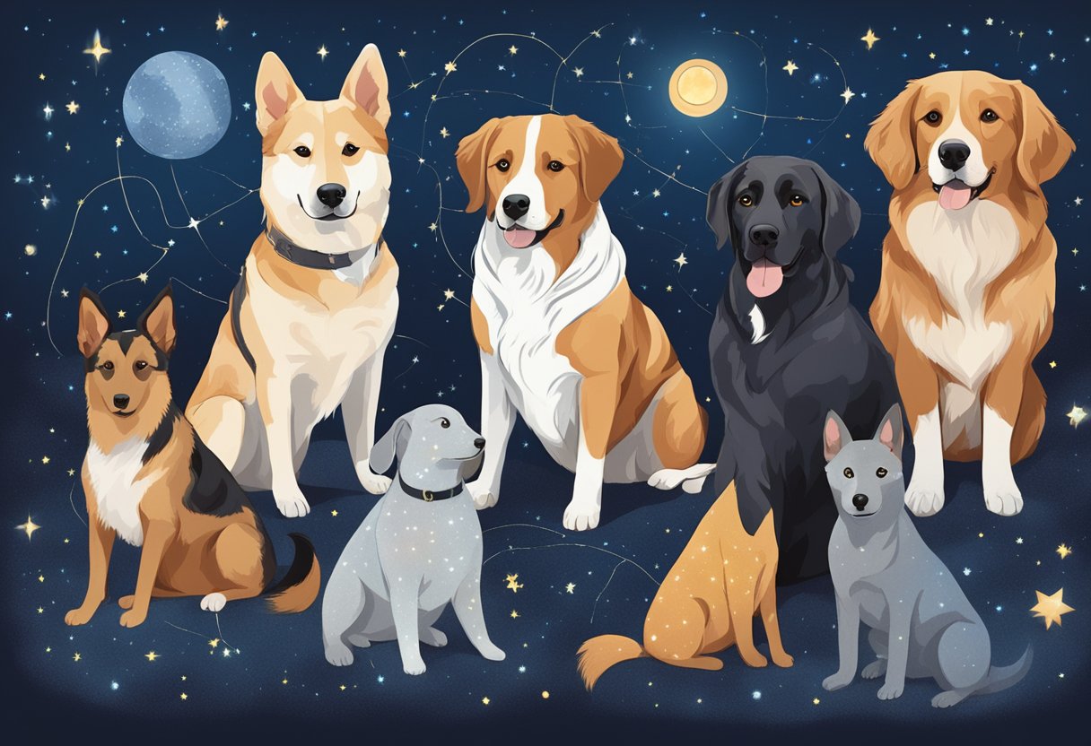 Dogs of various breeds sitting under a starry night sky, each labeled with a constellation-themed name