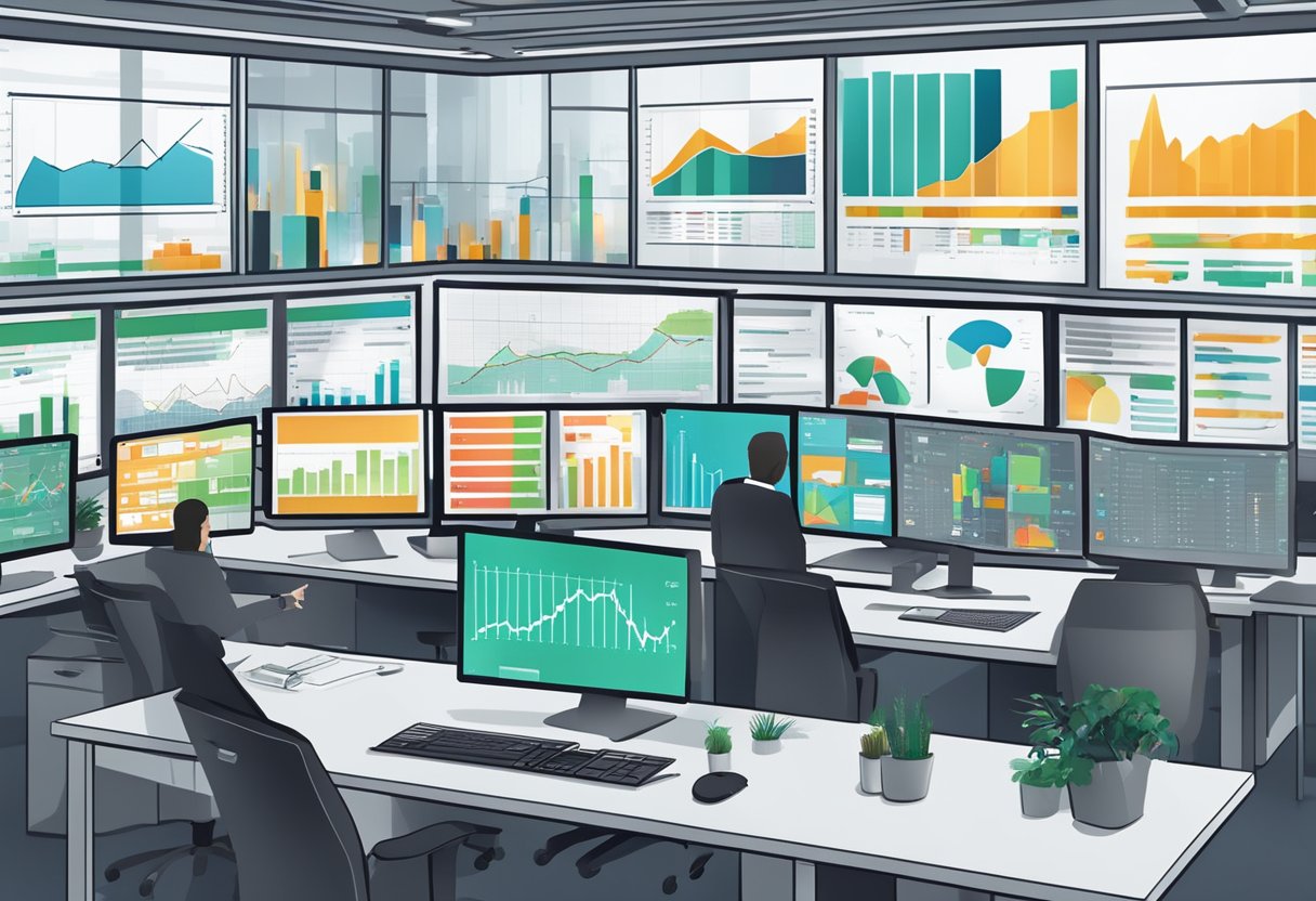 A bustling office with computer screens displaying data, charts, and graphs. A digital dashboard shows real-time staffing metrics