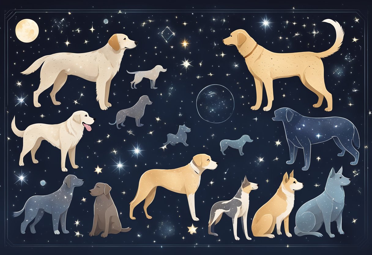 A night sky with various dog constellations, each labeled with astrological names, shining brightly against the dark backdrop